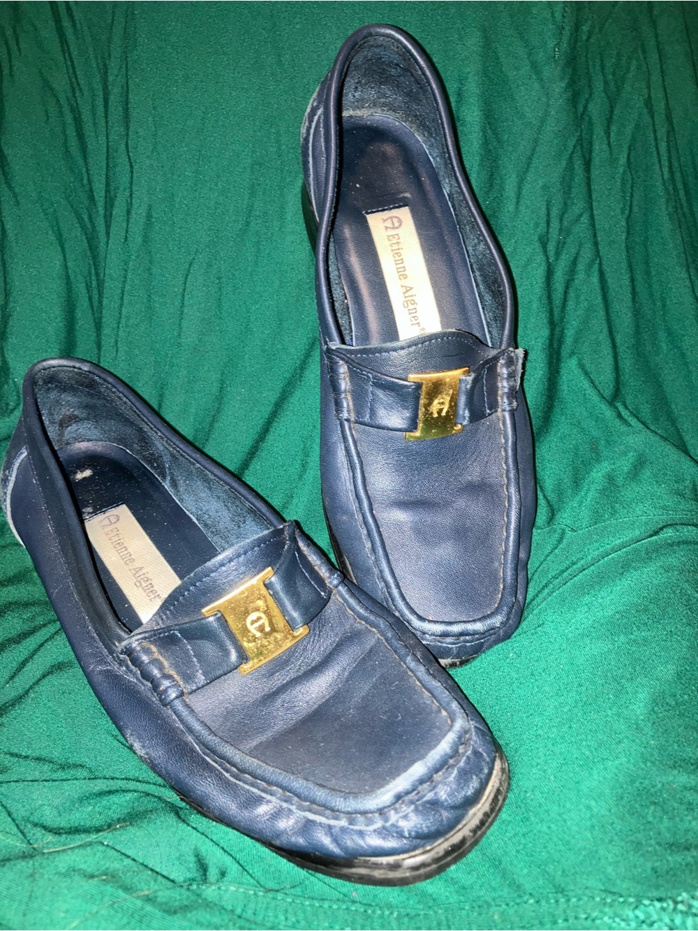 Vintage Etienne Aigner Navy Blue Leather Women’s Chicklet Loafers w Gold Accent